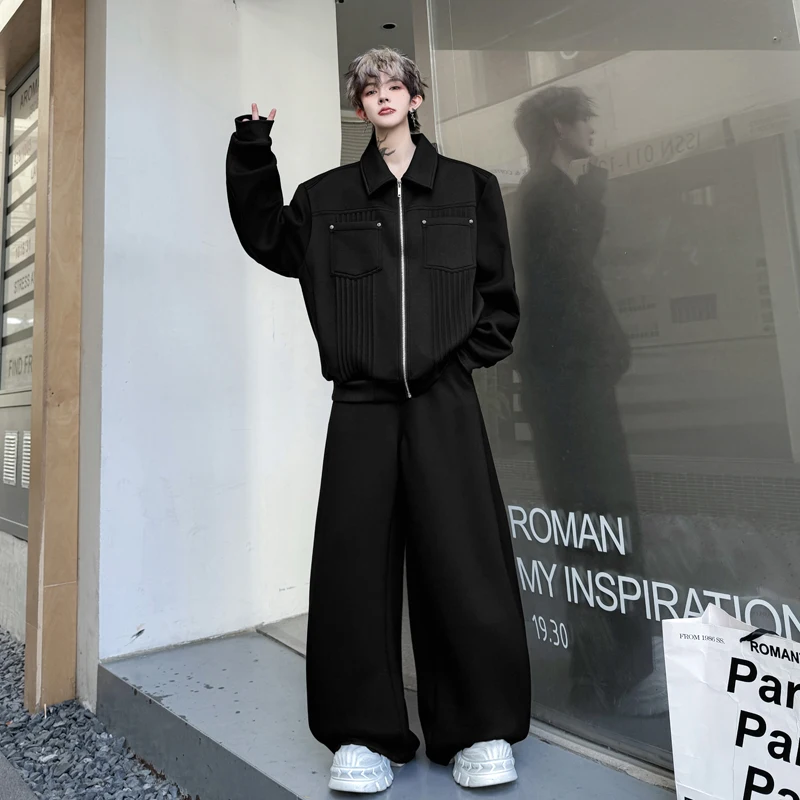 

American Retro Folded Design Zipper Open Cardigan Jaet Men's High-End Feeling Cool Wide Leg Sweatpants Long Pants Set