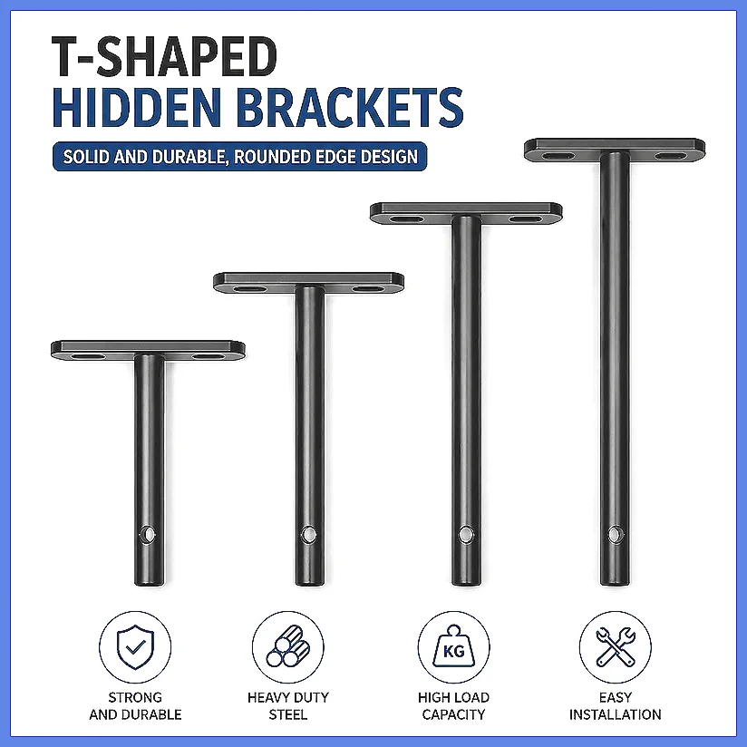 T-Type Hidden Shelf Bracket Invisible Floating Wall Shelf Bracket T-Shape Metal Bracket for Wooden Board, Heavy Duty Conceale