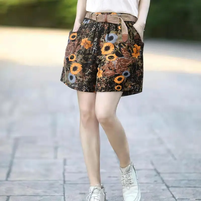 Loose Vintage Women's High Waist Pockets Printed Shorts Summer Simplicity Casual Belt Wide Leg Shorts Fashion Female Clothing