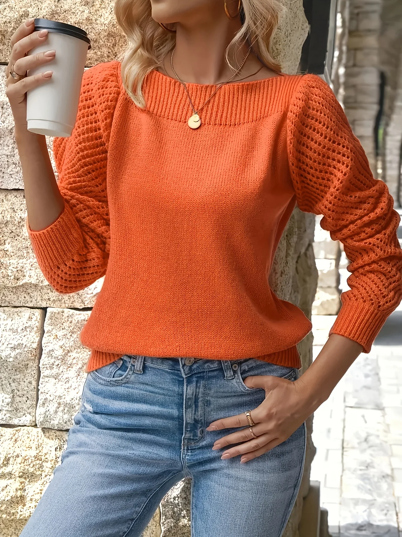 

Elegant Spring and Autum Orange Knitwears for Women, with Chic Long-Sleeved Tailoring - Round Neck, Soft Nylon Blended Fabric, Perfect for Casual or Formal Occasions