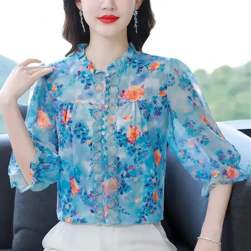 Fashion Elegant 2024 Summer Shirts Women Stand Collar Spliced Printed Button Edible Tree Fungus Loose 3/4 Sleeve Chiffon Blouses