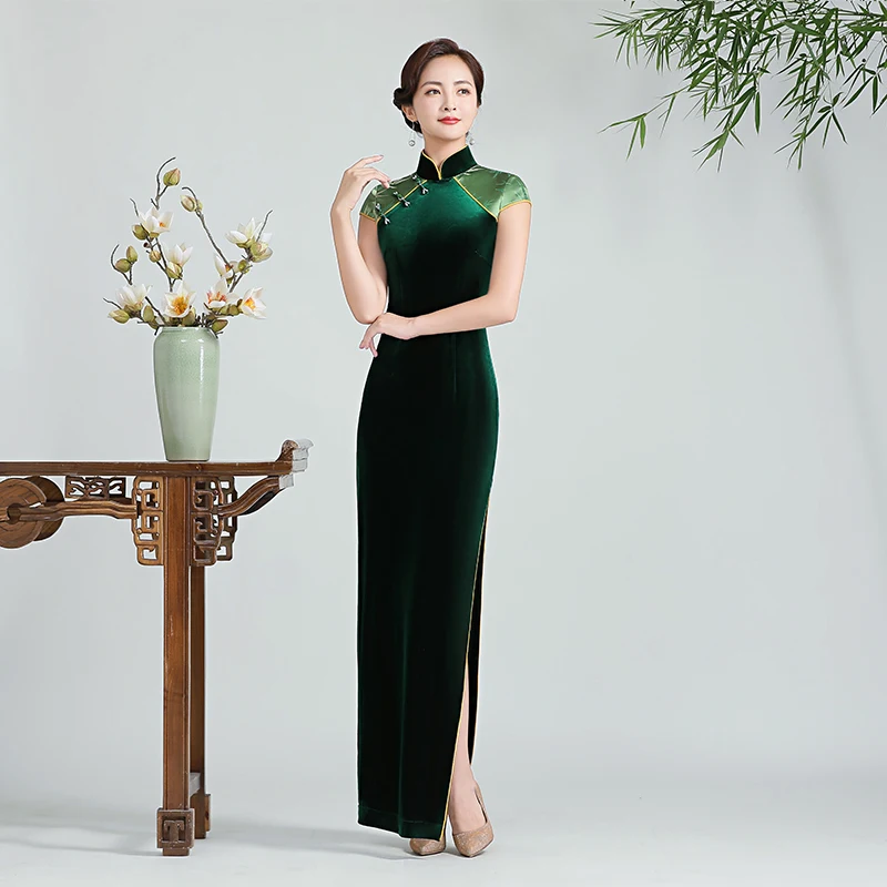 

Spring 2025 Velvet Retro Svel Young Girl Long ow Performance Dr High Slit Daily Wear ort Sve ...