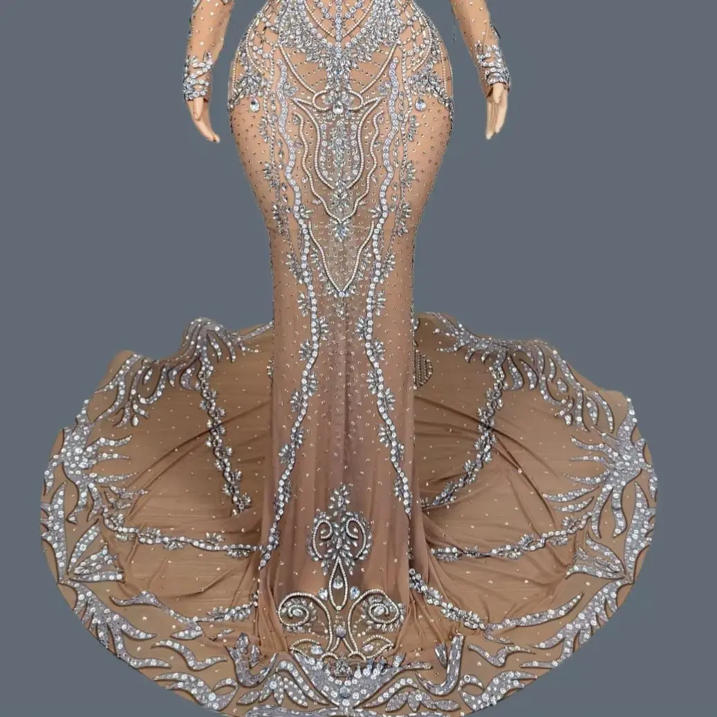 

Luxury Bridal Wedding Dress Sparkly Crystals High-end Evening Gown Birthday Party Pearls Floor-length Dress Elegant Gown Huacong