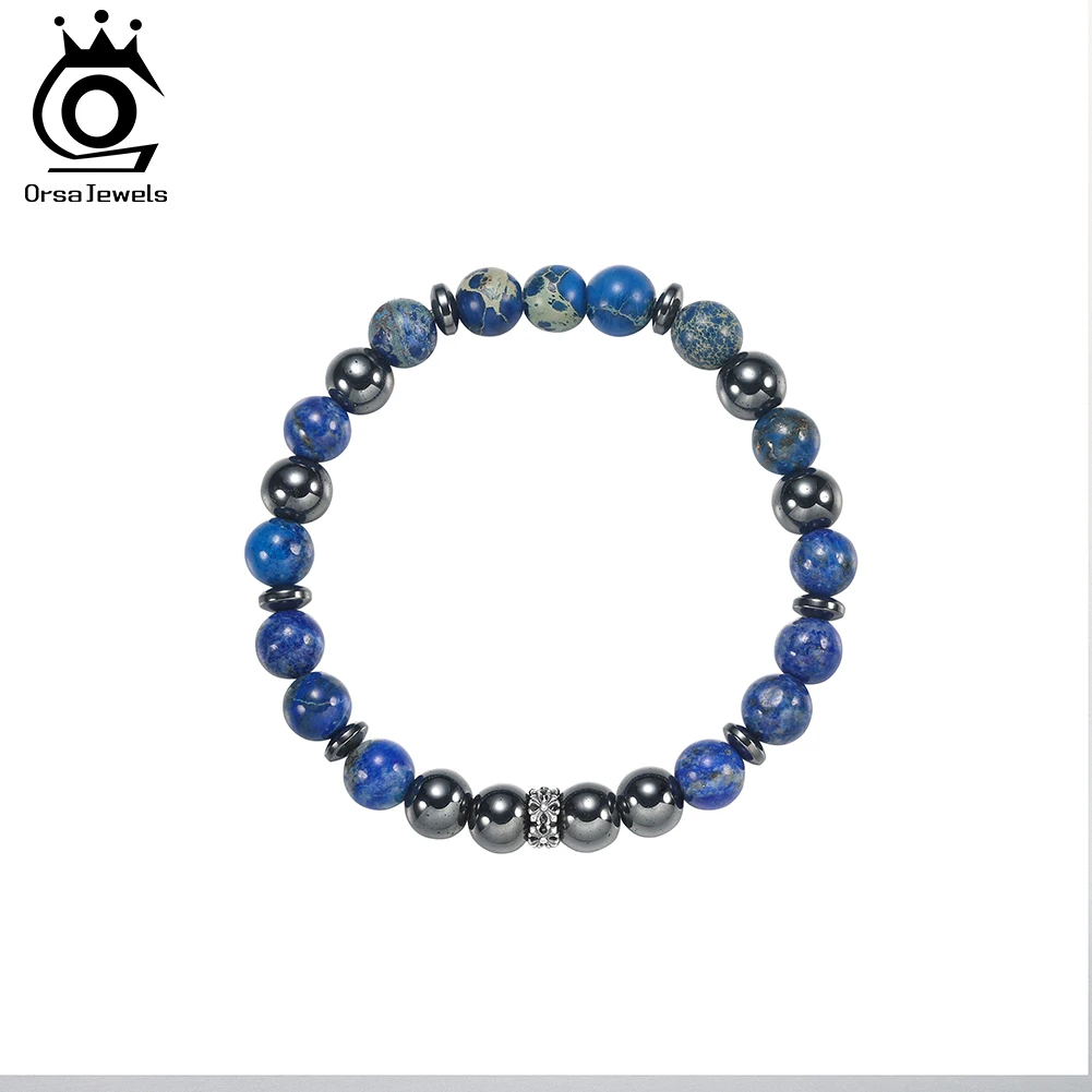 ORSA JEWELS 925 Silver Protection Healing Blue Lapis Lazuli Natural Stone Bracelet Handmade Elastic Stretch Bead Bracelet GMB72