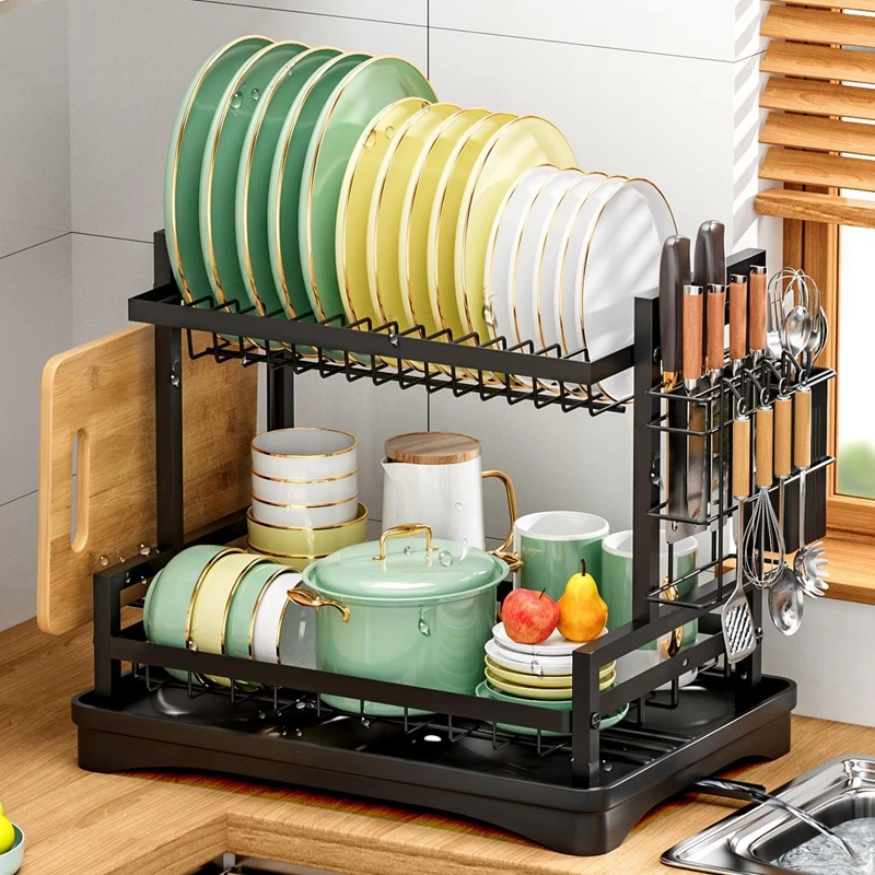 2 Tier Kitchen Storage Rack Dish Drying Rack Knife Fork Pot Lid Utensils Organizer Countertop Dinnerware Drainboard