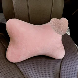 Cute Cartoon Hearts Car Interior Accessories Soft Plush Car Neck Pillow Bone-Shaped Vehicle Headrest Seat Cushion for Women