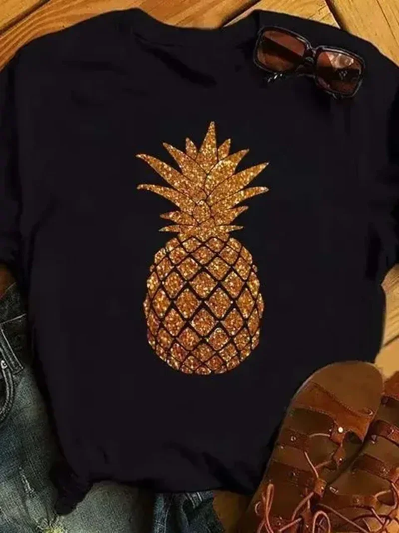 Fashion Pineapple Funny Print Clothing Women T Shirt Hip Hop Aesthetics Graphic White Short Sleeve Polyester Women's T Shirt