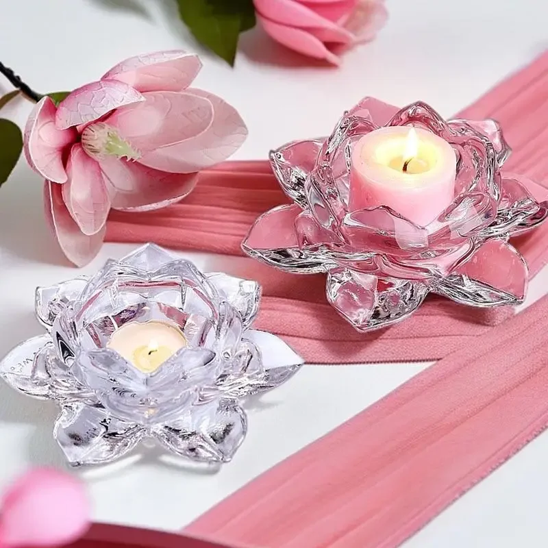 CX Chinese lotus candle holder transparent crystal glass, Buddha front ornament