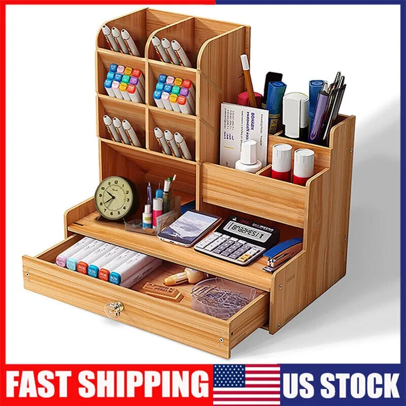 Wooden Pen Pencil Storage Holder Office Study Desk Organizer Box Tidy Shelf US