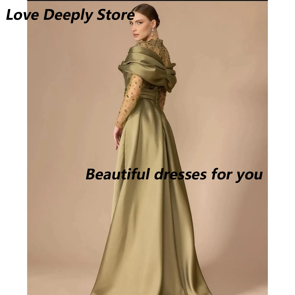 Suknia wieczorowa w kolorze oliwkowej zieleni, iluzoryczny dekolt typu O, długi rękaw, długość do podłogi, suknia balowa, modna, plisowana, z kryształami, fason A, sukienka na przyjęcie, szyta na miarę.