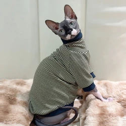 High-necked Striped Shirt for Sphynx Cat Long Sleeves Cotton Undercoat Winter for Kittens Soft Pajamas for Devon Rex in Spring