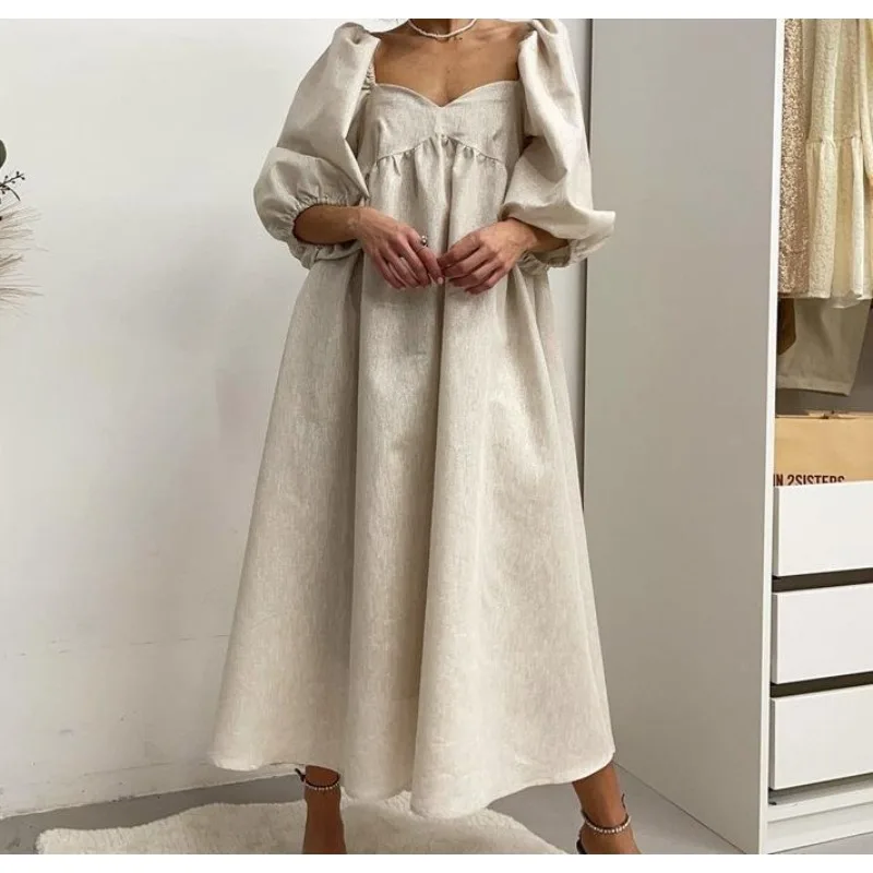 

2025 New French Elegant Women's Summer New Cotton and Linen Loose Long Skirt Short Sleeve Square Neck Temperament Casual Dress