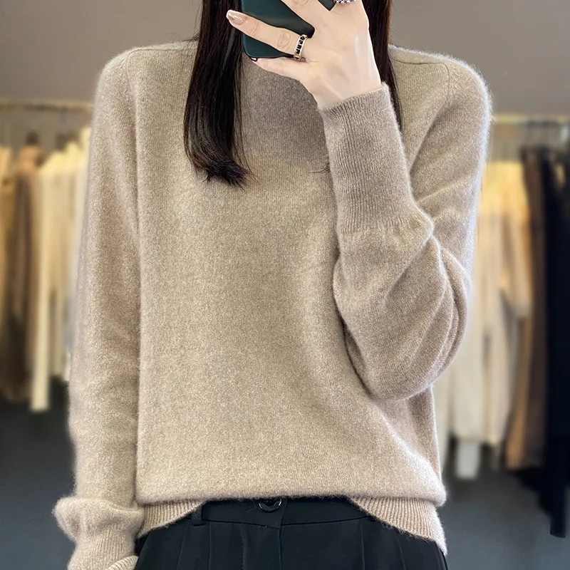 

Jueqi Autumn and Winter New Cashmere Sweater Women's Half High Neck Pullover Sweater 100% Pure Wool Knitted Underlay RT-931