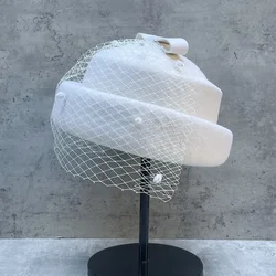 High quality white wool bow net decorated wedding hat Fashion elegant retro women's banquet top hat