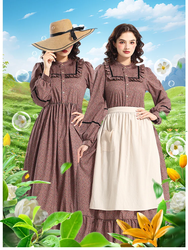 

Brown Floral Dress Victorian Medieval Women Long Sleeve Vintage Countryside Pioneer Costume Cosplay Carnival Party Dresses