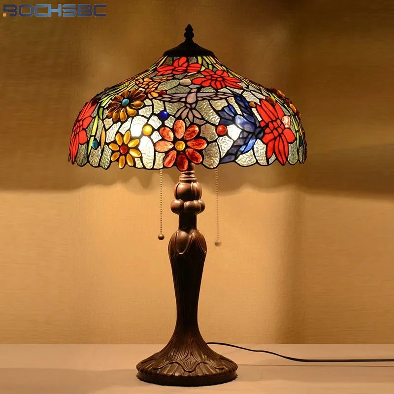 

BOCHSBC Tiffany style Table Lamps Rose Flower Stained Glass Shade Desk Lamps 16 Inch Home Deco Bedside Table Lamp For Study Desk