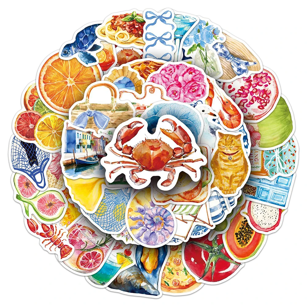 

10/30/50pcs Mediterranean Fruits Food Stickers Aesthetic DIY Laptop Scrapbook Skateboard Waterproof Retro Decoration Sticker Toy