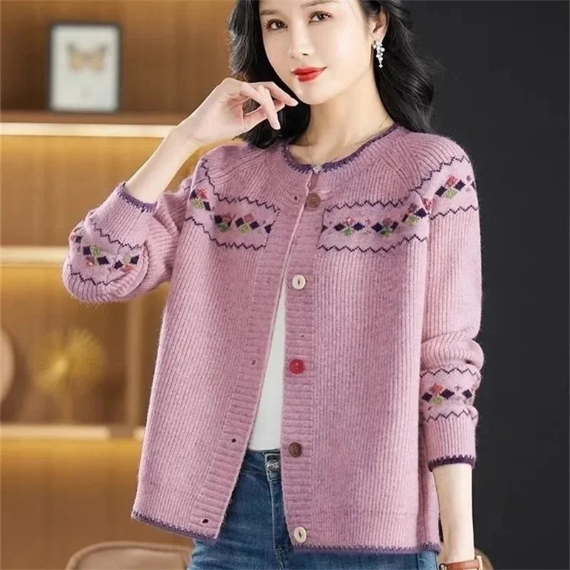 

Women Retro Jacquard Cardigan Sweater Jacket Spring Autumn Elegant Female Sweater Coat Reduction Versatile Ladies Knitted Tops