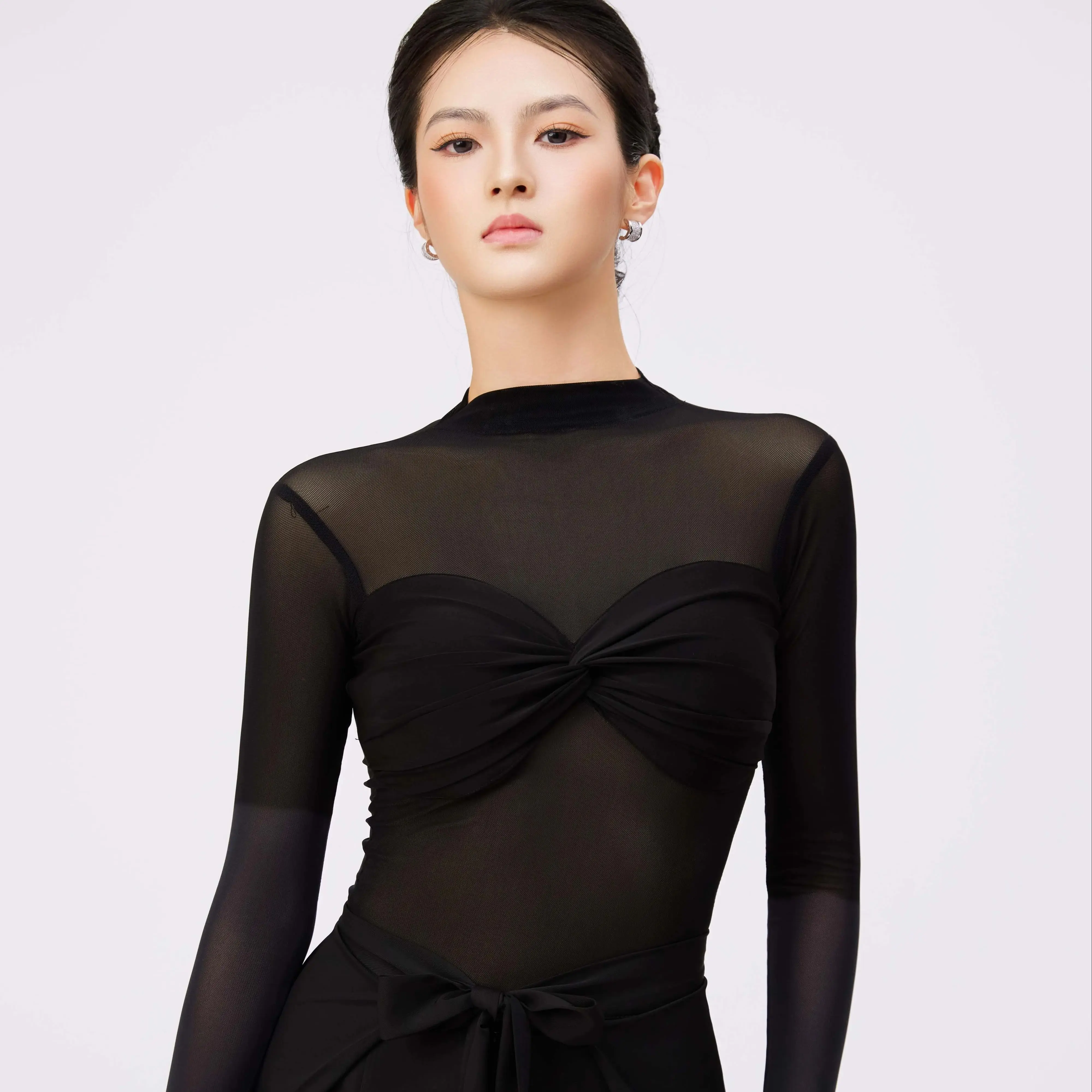 Ropa de baile moderna para mujer, Top con perspectiva de malla de manga larga, Chacha, Rumba, Tango, trajes de baile de salón latino, DN22328