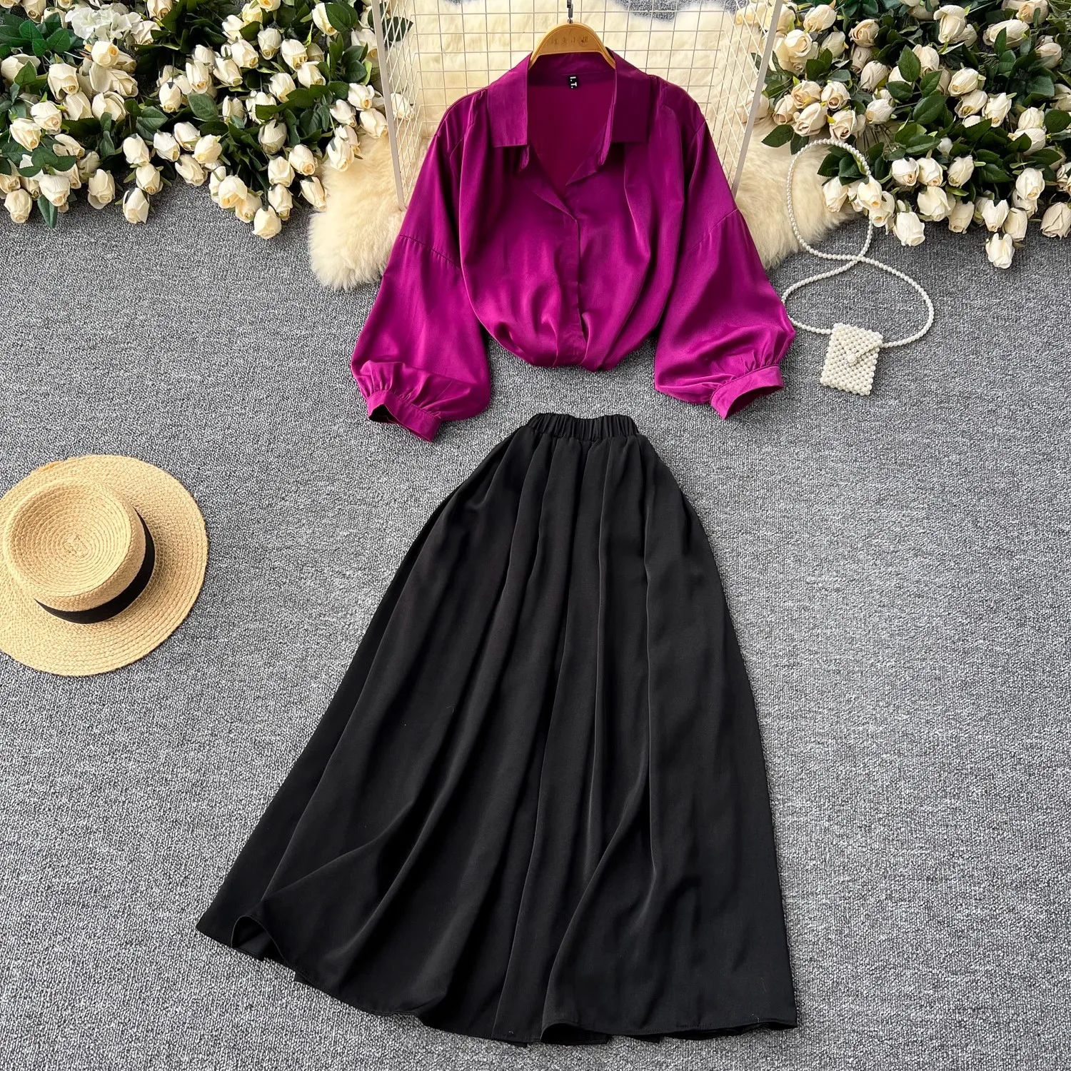 

Long-Sleeved Top High-Waisted Skirt Two-Piece Set French Shirt Loose + High Waist Skirt Light Wind Dress Shirt Suit