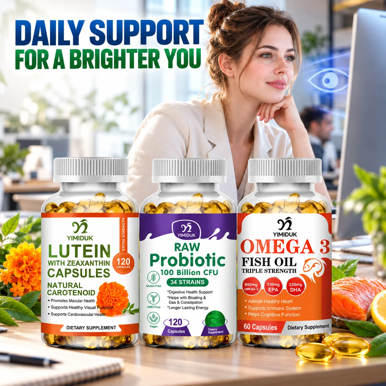 Multi‑Benefit Supplement, Lutein, Omega‑3 Fish Oil & Probiotic, Support Visual, Cardiovascular Cognitive Health & Gut Digestive