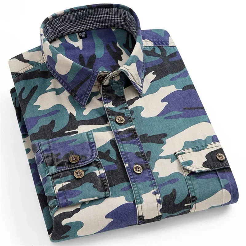 Camisas camufladas para homens, roupa de trabalho casual, 100% algodão, camisa de manga comprida, solta, operações de campo ao ar livre, tops primavera e outono