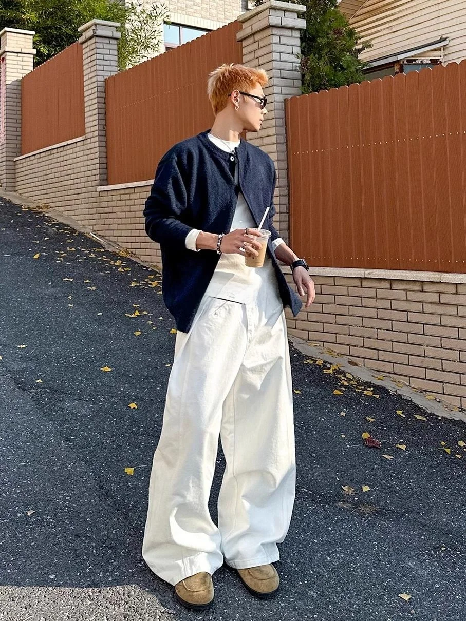 

Retro American White Jeans Men's Streetwear Deconstructed Side Pleated Loose Straight Leg Floor-Length Wide Leg Pants