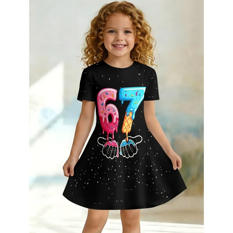 Mädchen-T-Shirt-Kleid mit Aufdruck „Cute Donut Ice Cream 67“, Kinder-Street-Dress, Party-Kleid in Schwarz, Freizeitkleid, geeignet für Geburtstagsgeschenke