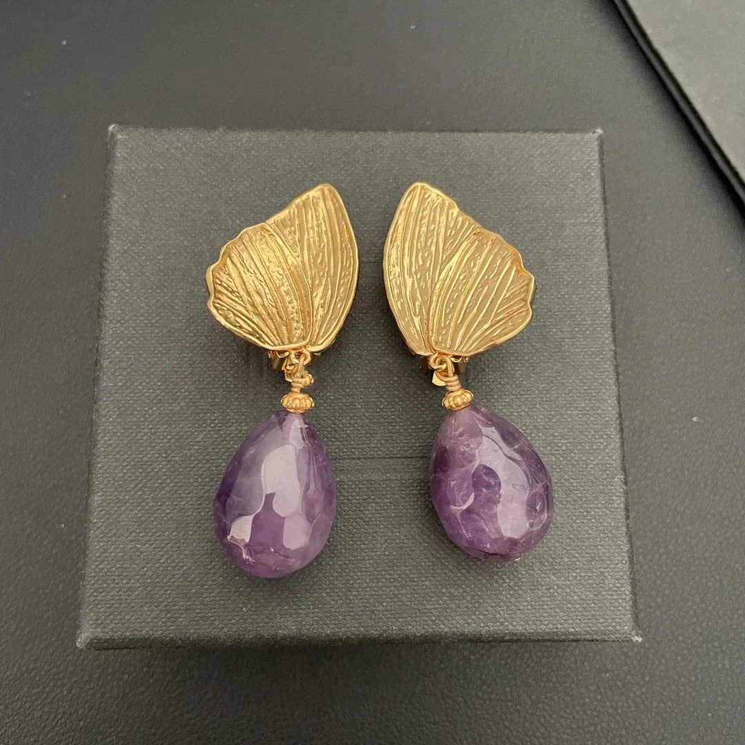 

Vintage Designer Natural Amethyst Gold Leaf Earrings Ear Clip Woman Top Quality Luxury Jewelry Trend