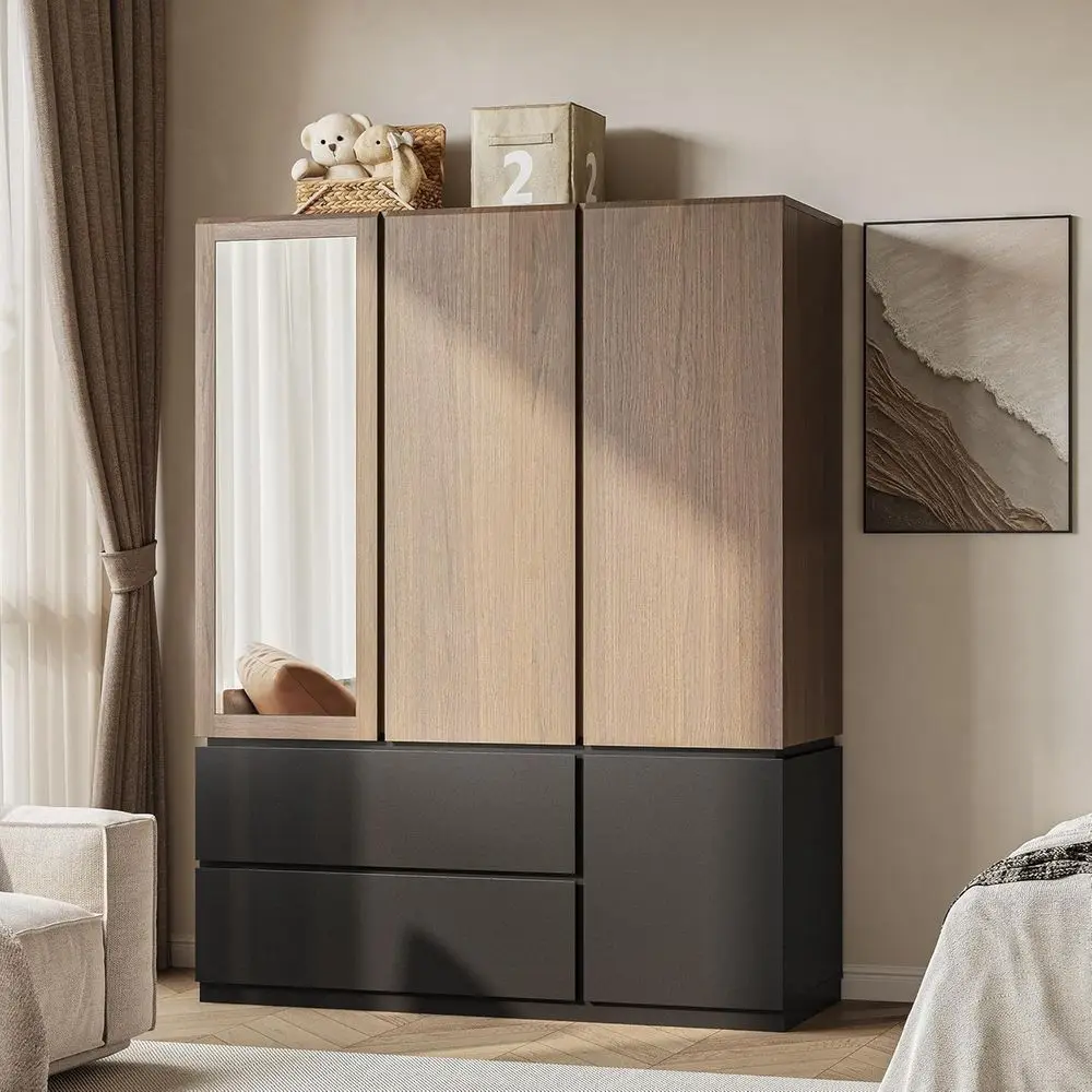 

71 Inch 3-Door Wooden Closet with Mirror & 2 Drawers, Hanging Rods, Steel Slides, Ideal for Bedroom & Dorm Storage