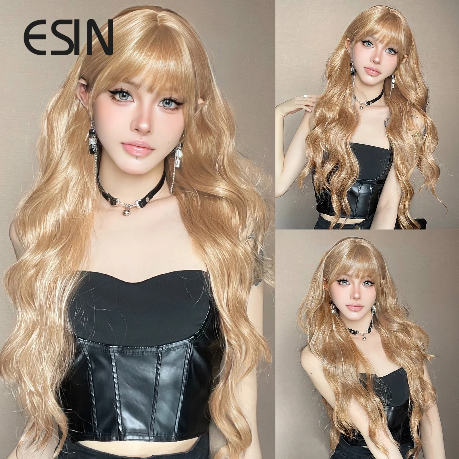 

ESIN Synthetic Brown Long Straight Wigs with Bangs Natural Cosplay Hair for Women Party Heat Resistant Fiber Wig