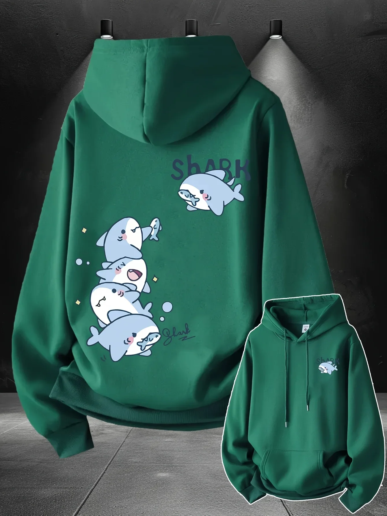 Unisex Hai-Hoodie mit niedlichem Cartoon-Hai-Druck auf der Rückseite, Oversized Pullover Sweatshirt, koreanische Y2K Streetwear – Detail 6