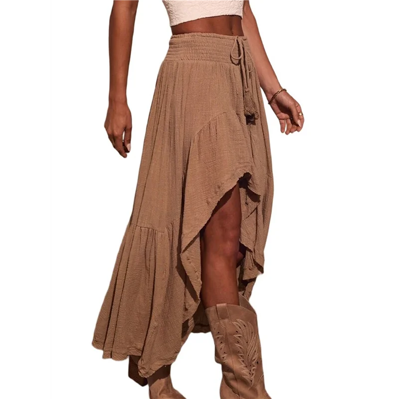 

【D75C】Женское богемное платье макси в стиле вестерн, летняя повседневная асимметричная джинсовая юбка в стиле кантри с высоким и низким подолом, полуюбка