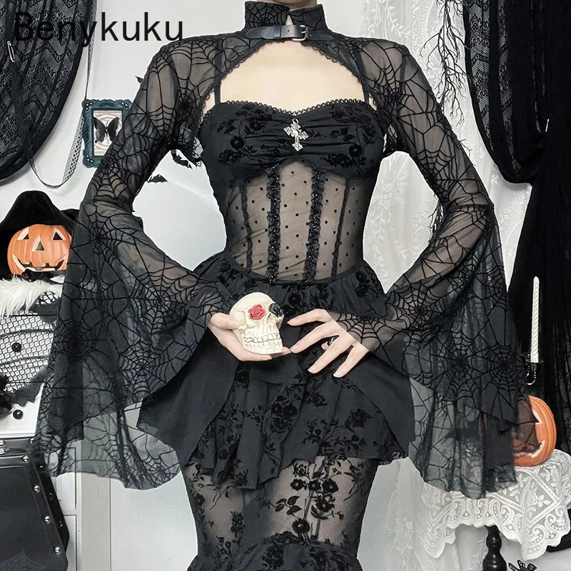 Halloween Dark Black Spider Web Lace Gothic See Through Shrug Tops Cover Up Grunge Flare Sleeve Women Vintage Punk Y2k Crop Top