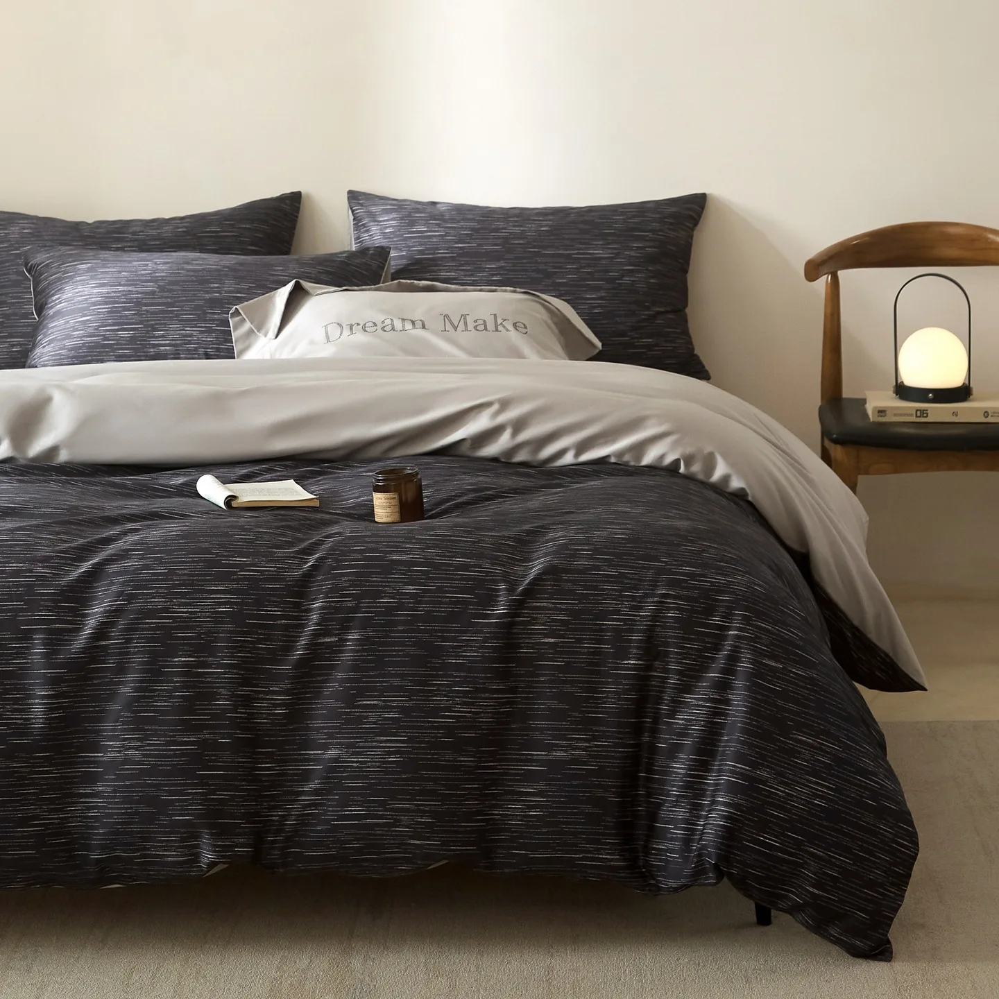Dark Grey Geometric Textured Bedding Set Soft Breathable Cotton Blend Duvet Cover Pillowcases Queen King Size for Bedroom Adult