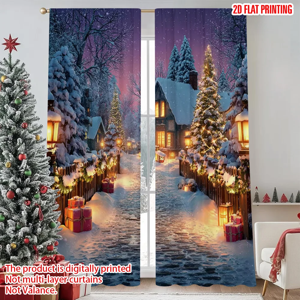 

2pcs 2D flat printing Merry Christmas Popular Party Window Curtains christmas trees Durable Polyester Without Electricity