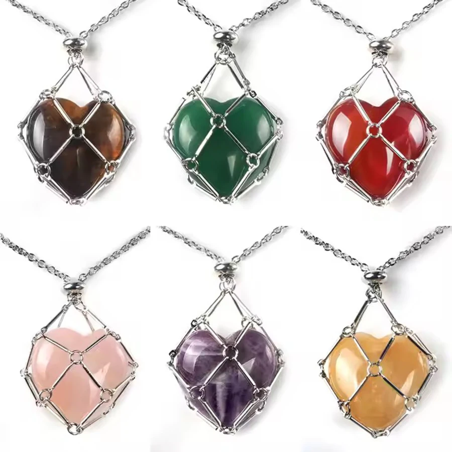 

Titanium stainless steel 18k gold net bag natural crystal heart stone adjustable Bamboo knot net pendant necklace gemstone