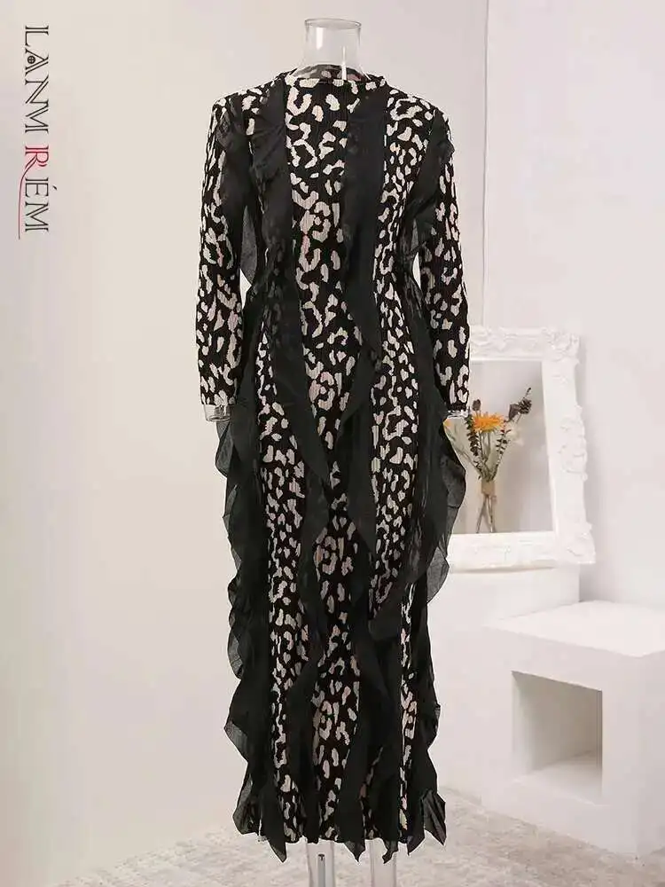 LANMREM, vestidos largos plisados con volantes empalmados para mujer, cuello redondo, estampado de manga larga, nuevo vestido femenino de primavera 2025 32S1170