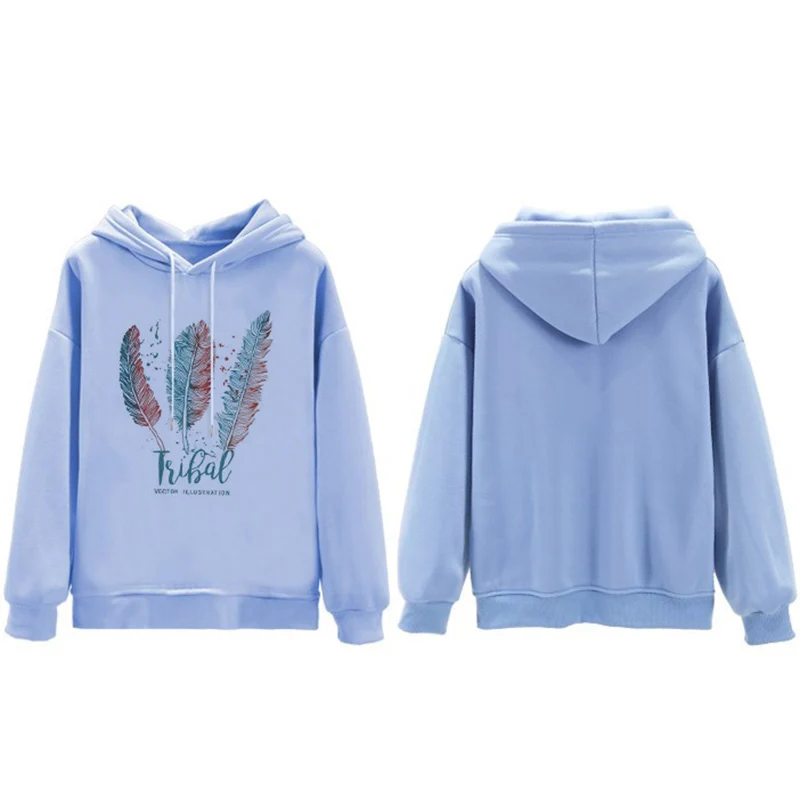 Autumn Hoodie Solid Color Feather Pattern Hooded Korean Fashion Sweatshirts Long Sleeve Top Drawstring Pockets Loose Hoodies