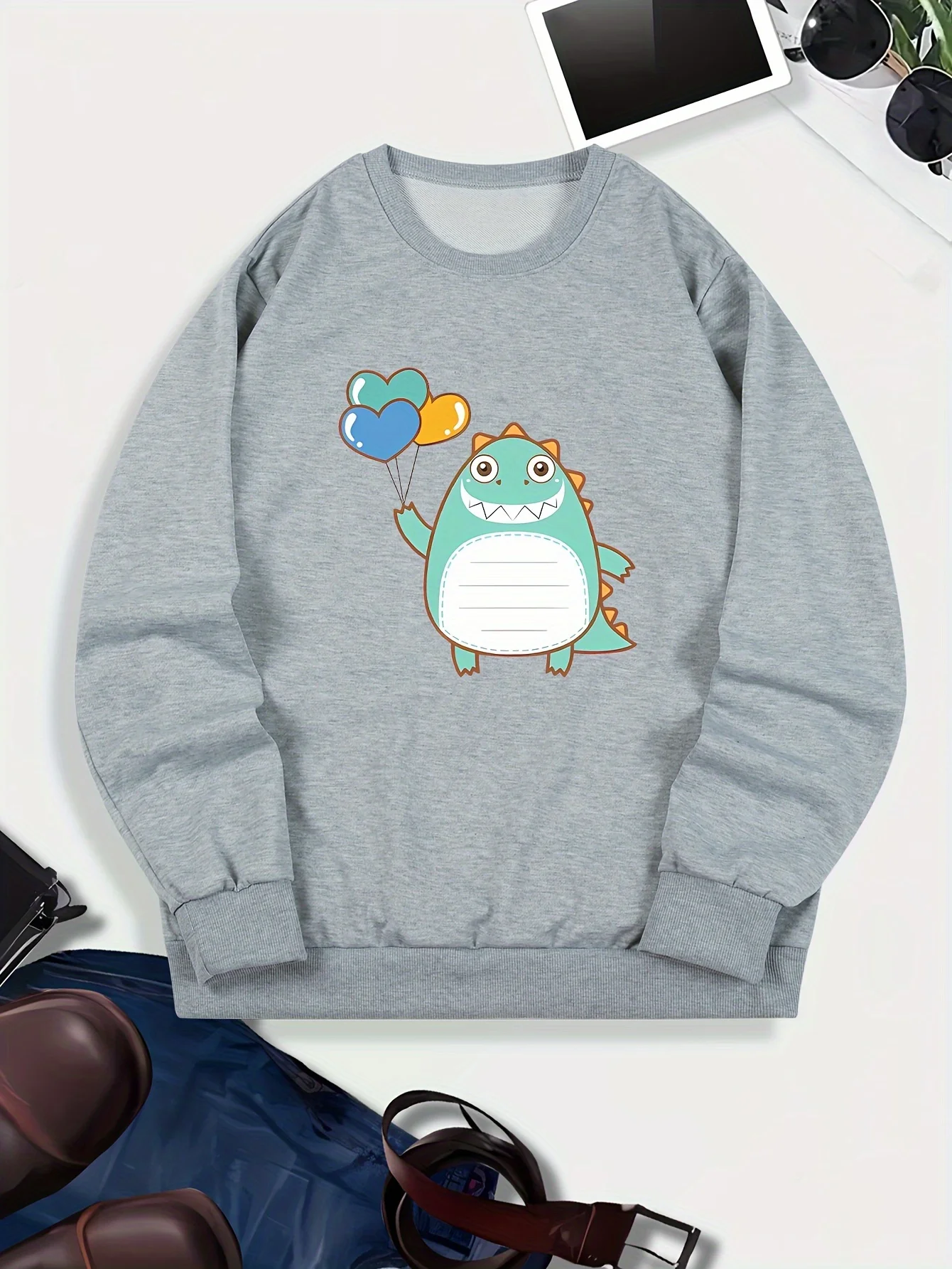 

Men's Cozy Dinosaur & Love Balloon Print Sweatshirt - Casual Long Sleeve Crew Neck Pullover for Spring & Fall, Machine Washable