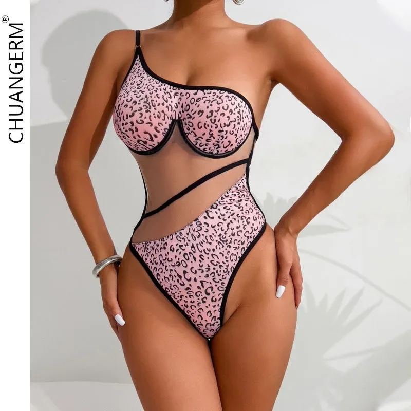 

CHUANGERM Sexy Lingerie leopard print underwear Leopard print mesh patchwork see-through mesh body shaping erotic bodysuit