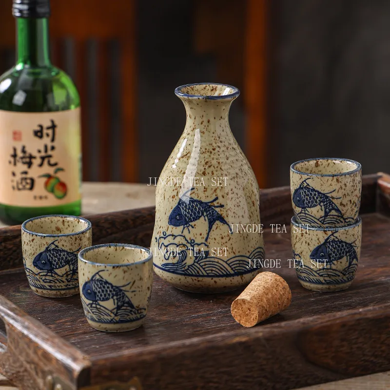 Japanese-style Rustic Ceramic Sake Set with Hand Painted Koi Fish 1 Wine Jug and 4 Cups with Cork Lid for Home Bar and Gift