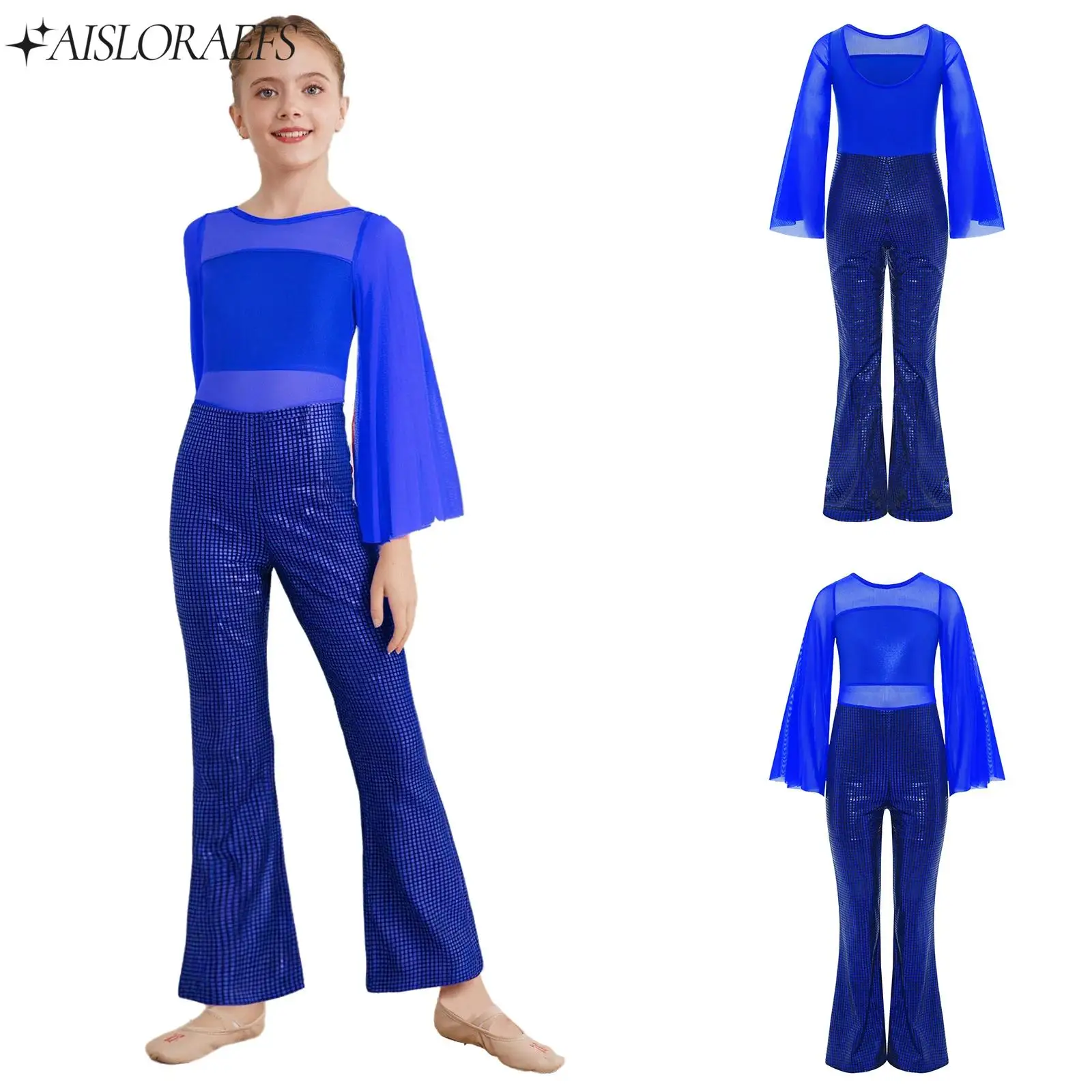 

Kids Cheerleading Dance Metallic Jumpsuit for Girls Bell-Bottom Bodysuit Jazz Latin Dancewear for Carnival Stage Performance