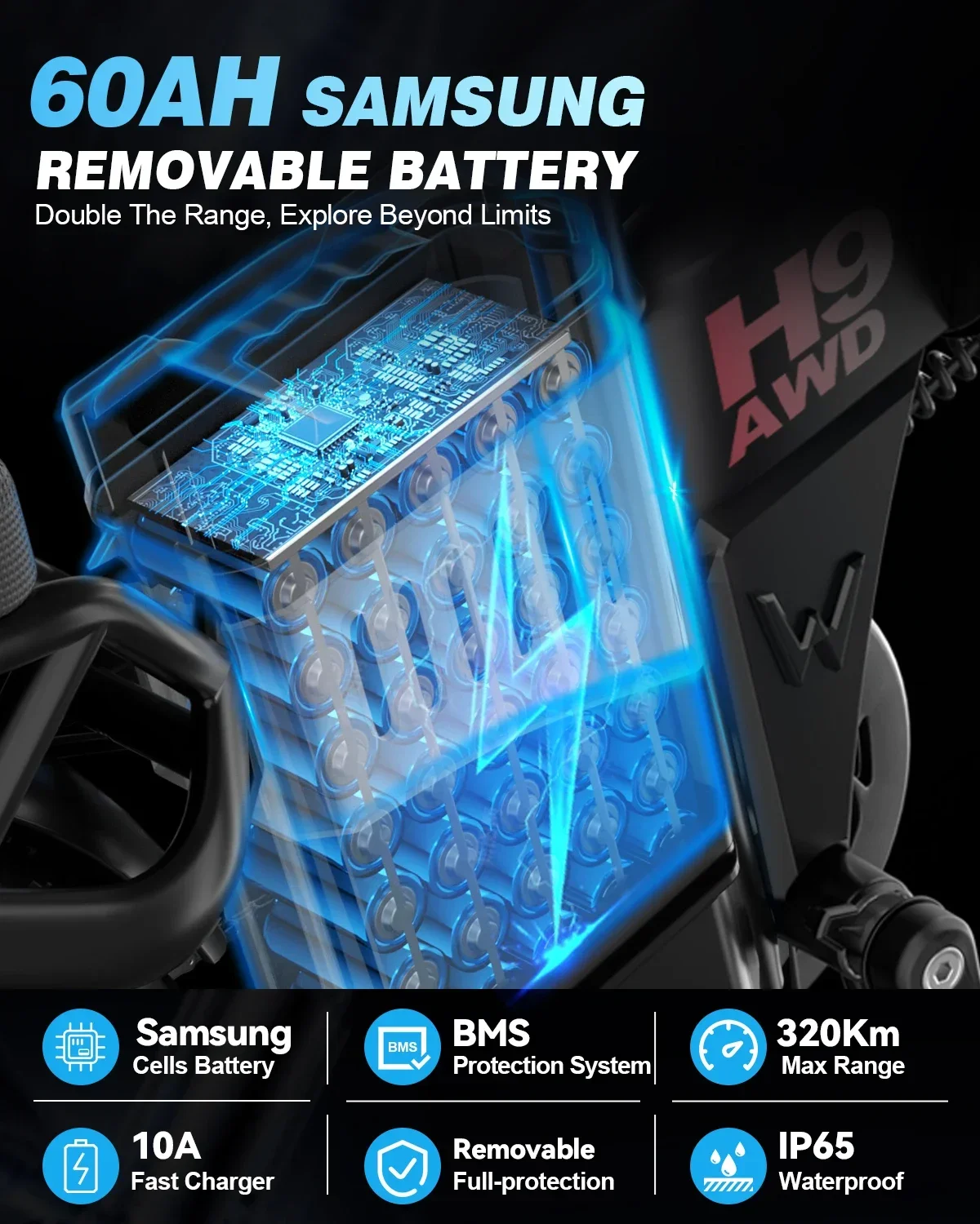 EBIKE H9 AWD City Electric Bicycle 2000W Folding 60AH Ebike 20*4.0" Fat Tire Mountain Multiple shock absorption All terrain Bike