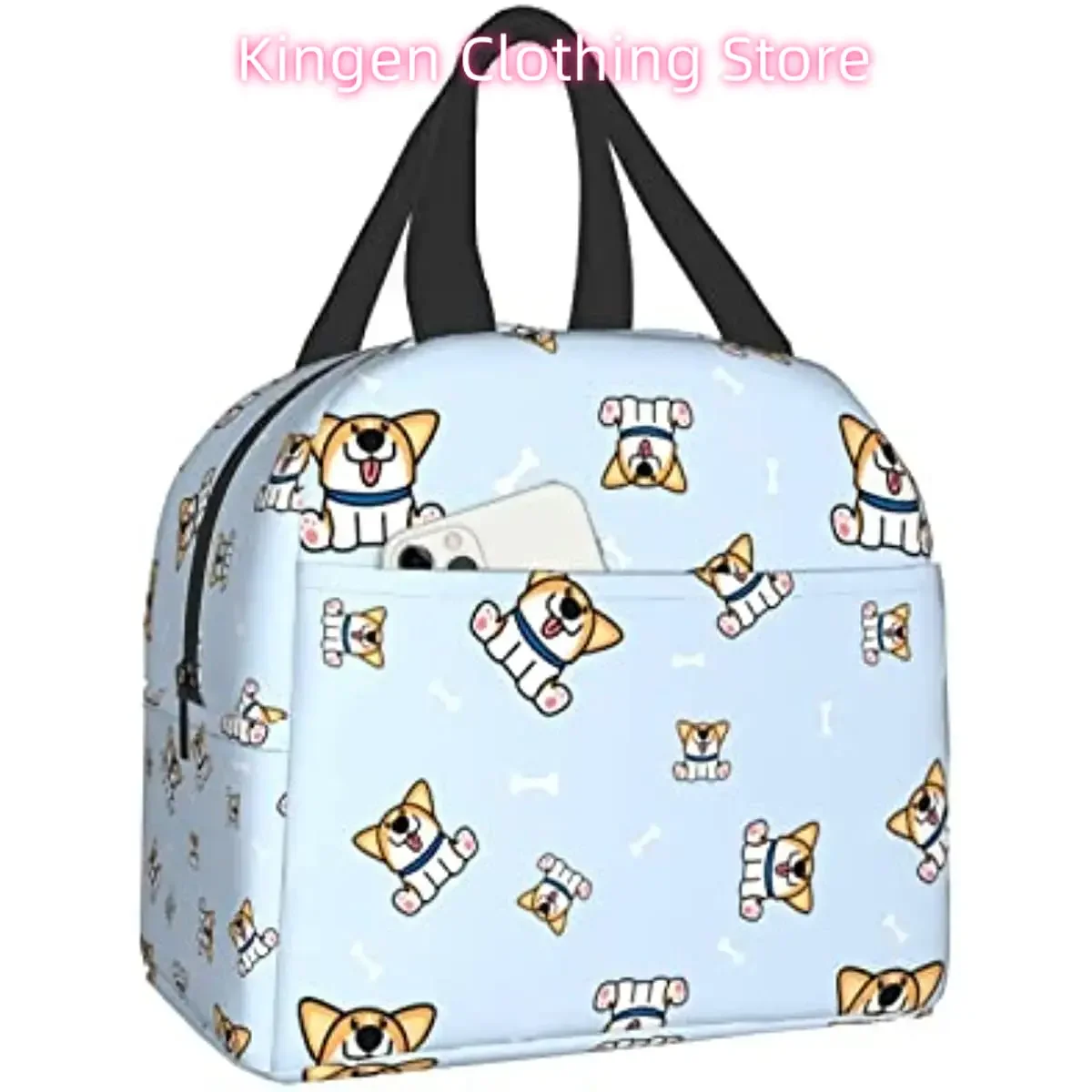 Cute Corgi Dog and Bone Sitting Together Women's Lunch Bag Men's Adult Insulated Lunch Box Reusable Lunch Handbag