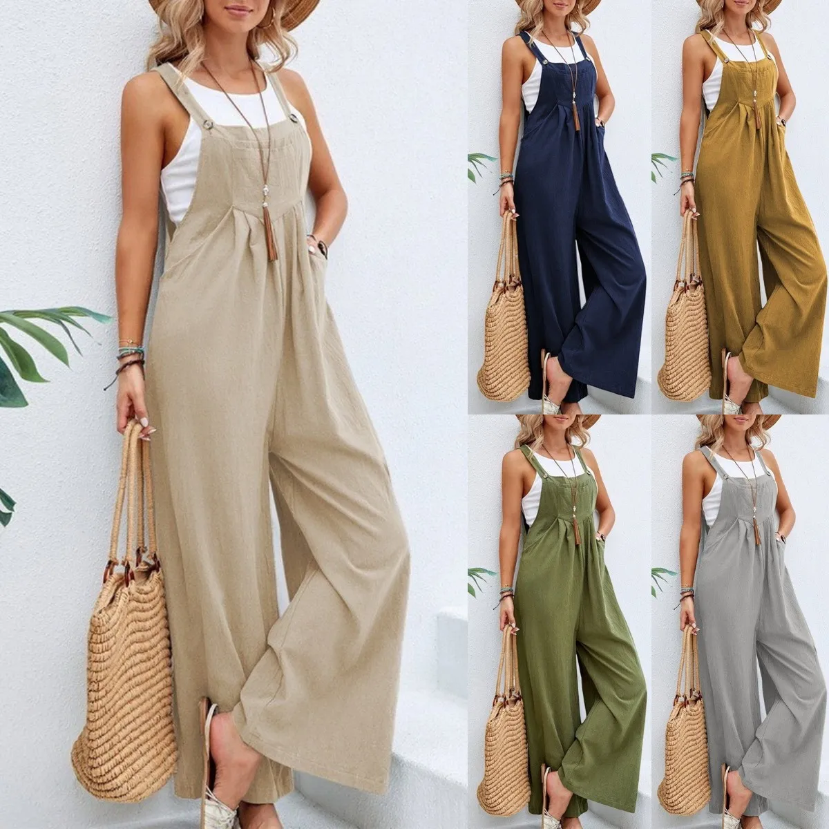 Vintage Katoenen Linnen Jumpsuit Vrouwen 2023 Casual Wijde Pijpen Met Stevige Knoop Bretels En Zakken Zomer Losse Overalls Rompertjes