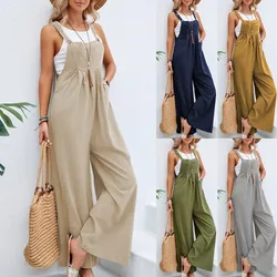 Vintage Baumwolle Leinen Overall Frauen lässig solide Knopf weites Bein Hosenträger Hose mit Taschen Sommer lose Overalls Stram pler