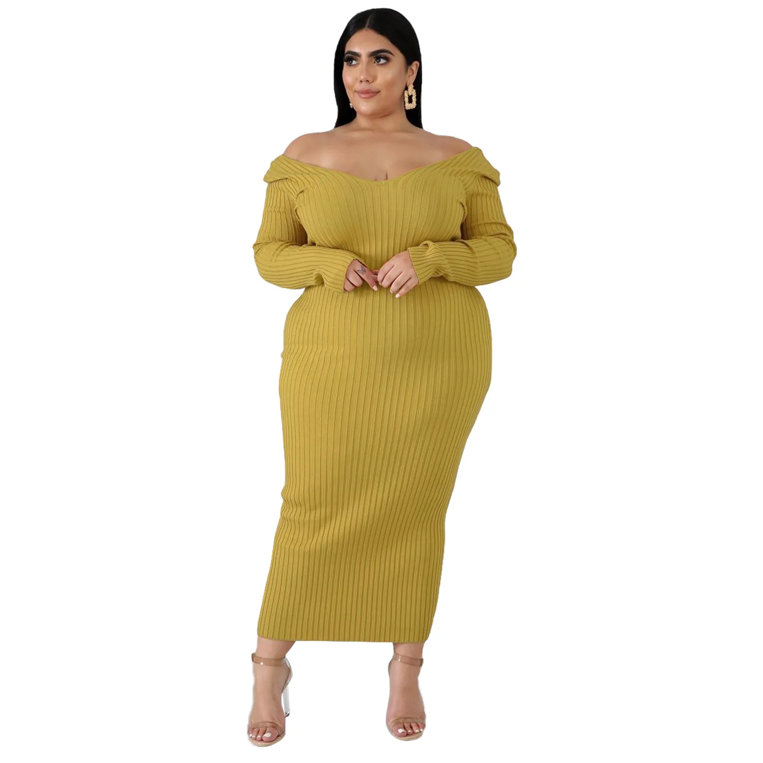 HAOOHU Rib Sunken Stripe Knitted Cotton Dress Solid Color Women Casual Plus Size Dresses Fashion Autumn Winter Long Clothes 2023