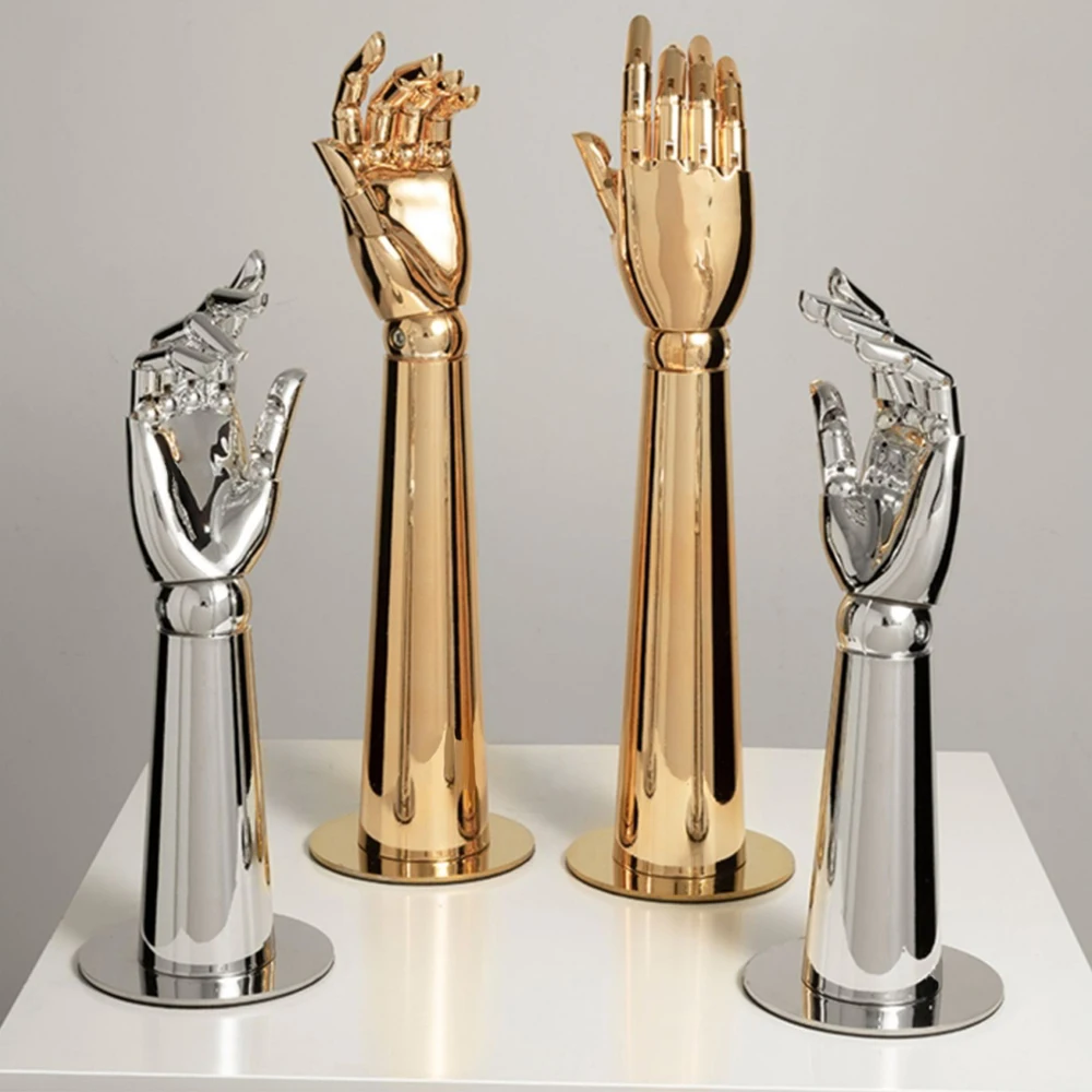 Electroplated flexible gold and silver jewelry display hand chrome mannequin holder for rings, bracelets and window displays