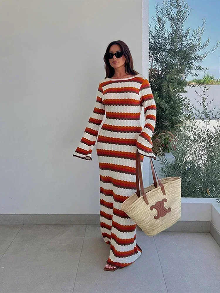 Knitted Summer Stripe Maxi Dress Women Crochet Sheer Flare Sleeve Party O-neck Dresses Sexy Backless Beach Holiday Street Robes